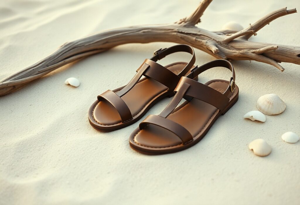 A pair of brown leather sandals lies on sandy ground, surrounded by scattered white seashells and a piece of driftwood. The scene suggests a beach setting.