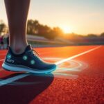 Close-up of a person wearing the black Xero XB+ SmartShoe, featuring digital elements on a track. The shoe showcases glowing icons and the brand name "Xero." In the background, a group runs, with a digital clock showing 14:06—ideal for sensor-driven running form optimization unveiled at CES 2025.