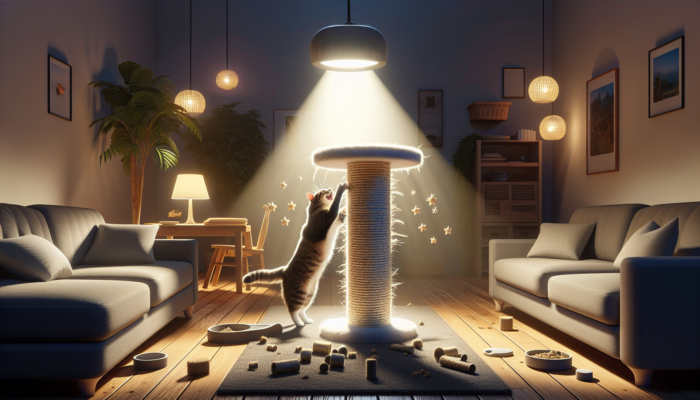A cat scratching a catnip-sprinkled post, ignoring furniture in a cozy room, demonstrating effective behavior training.