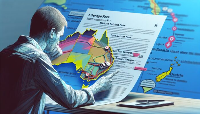 Person reviewing rental agreement, highlighting fees, with Great Ocean Road map in background.