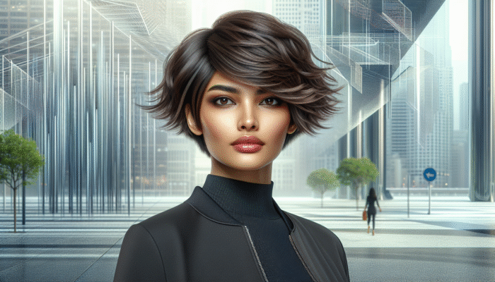 A confident woman with a short layered haircut, styled perfectly for her oval face and wavy hair, posing in an urban environment.