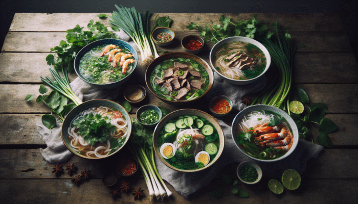 Assorted pho bowls with beef, chicken, vegetarian, and seafood, steaming on a rustic wooden table.