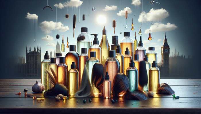 An array of hair oils on a wooden table, labelled with benefits for various hair types, set against a backdrop of UK weather.
