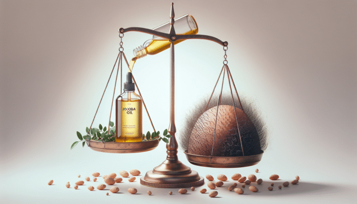 Jojoba oil balancing scalp and hair oils, accompanied by tea tree leaves, promoting a healthy and dandruff-free scalp.
