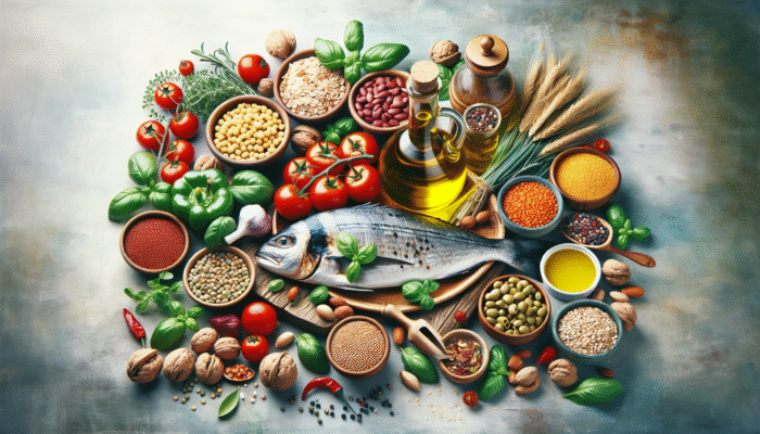 An array of olive oil, tomatoes, grains, legumes, nuts, fish, and herbs on a Mediterranean-themed table, symbolizing health and flavour.