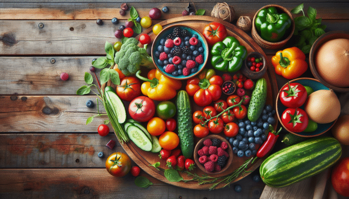 Vibrant tomatoes, crisp cucumbers, colourful bell peppers, and seasonal berries displayed on a rustic wooden table.