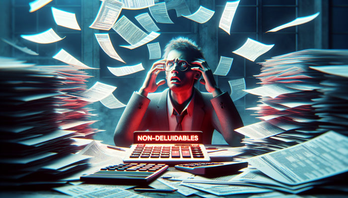 Are Debt Consolidation Fees Tax-Deductible: A Guide | DCL Individual looking puzzled amidst scattered documents and calculators, with a tax form highlighting non-deductible fees in red.