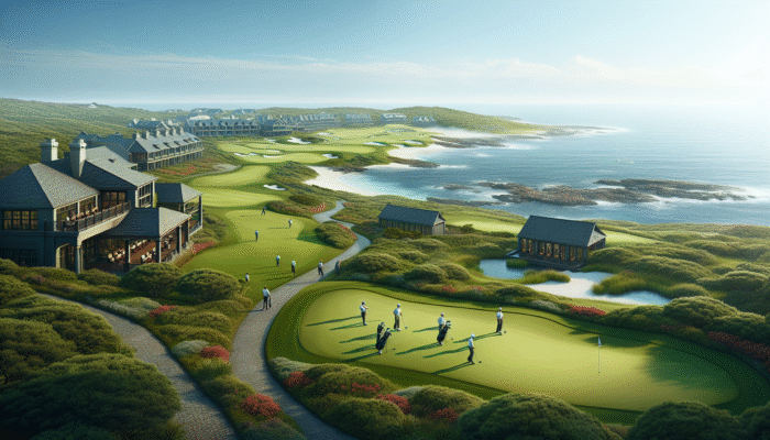 Aerial view of golfers on a lush green course at Port Edward Country Club with coastal backdrop.