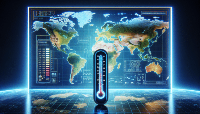Digital thermometer positioned on a global map, illustrating consistent readings across diverse climates for standardized healthcare monitoring.