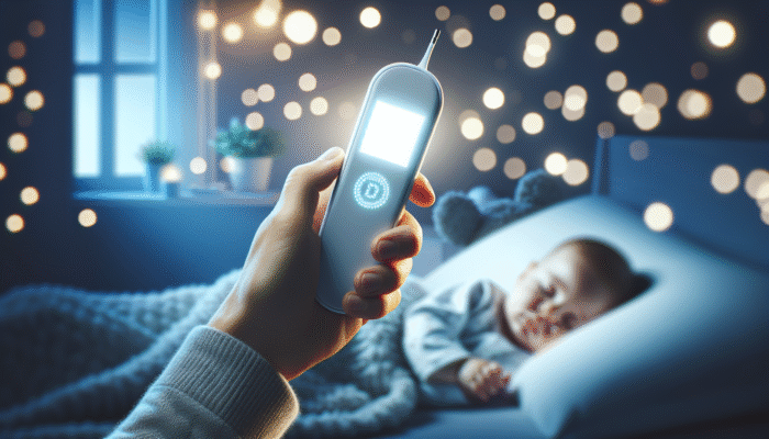A digital thermometer with a large backlit display showing temperature, held by a parent checking a sleeping infant at night.