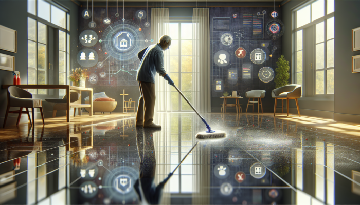 Individual using a spray mop on a glossy stone floor, ensuring a safe environment in households with children and elderly members.