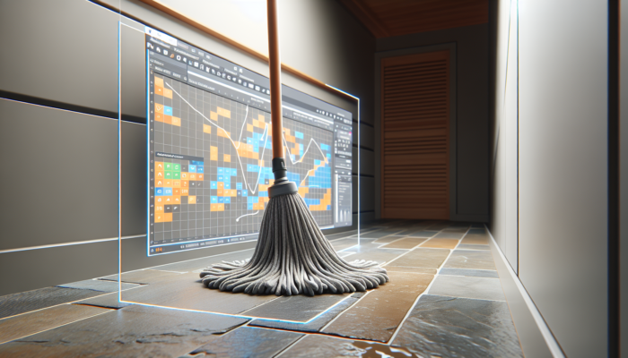 A premium microfiber mop head cleaning a stone floor, reaching corners and effectively trapping dirt.