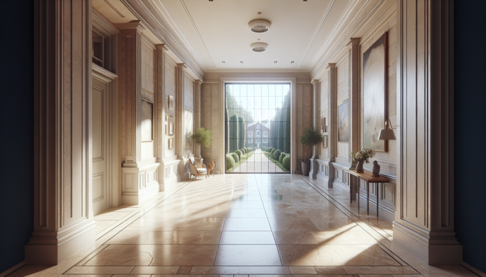 Durable travertine tiles in a luxurious UK home hallway, showcasing natural stone texture and lasting beauty.