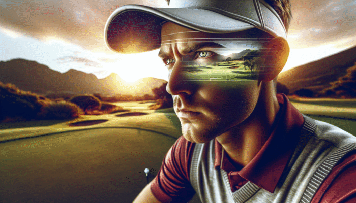 A South African golfer at sunrise, visualising the course and using deep breathing to transform anxiety into confidence.