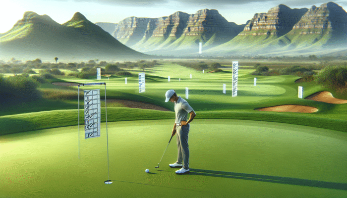 A South African golfer focusing on a putt on a lush green course, with distant mountains and floating checklists symbolising small, achievable goals.