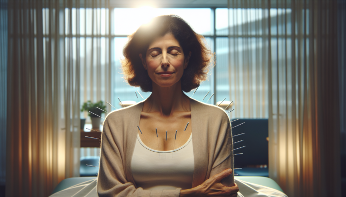 A tranquil acupuncture session in a London oncology center, assisting a patient with metastatic breast cancer in achieving relief and improved well-being.