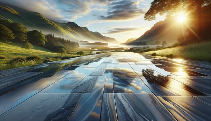 The Importance of Waterproofing Stone Floors in Inverclyde: A stunning landscape featuring a lavish waterproofed stone floor reflecting its vibrant surroundings, showcasing durability and protection.