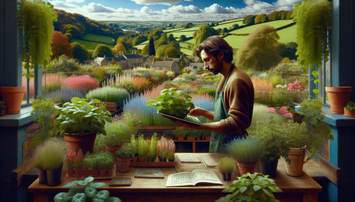 A gardener in a Cotswolds nursery surrounded by rare herbs like Lemon Verbena and Siberian Chervil.