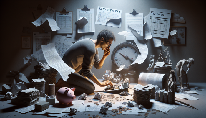 Understanding Debt Consolidation: Impact Explained | DCL Person in a dimly lit room surrounded by financial documents, anxiously calculating extended debt repayment on a calculator, with a calendar showing prolonged dates.