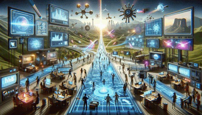 Futuristic digital landscape showcasing micro-influencers creating specialized video content for specific niche audiences.