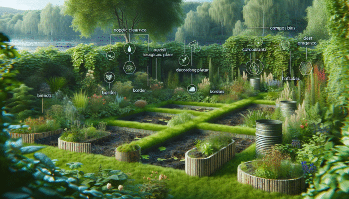 A tranquil garden featuring compost bins, native plants, and wildlife habitats promoting sustainability and biodiversity.