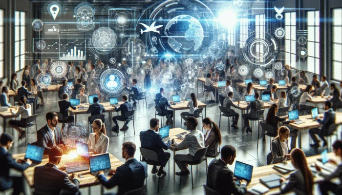 A diverse group of professionals at a focused workshop, utilizing modern technology and networking for their career advancement.