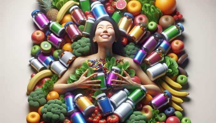 Person surrounded by colourful supplement bottles, reading labels, smiling, with healthy fruits and vegetables in background.
