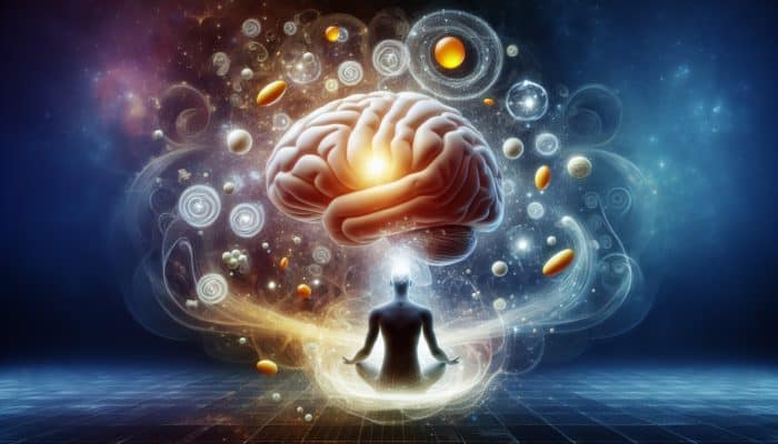 A glowing brain surrounded by Omega-3 and B vitamins, symbolising enhanced cognitive function and emotional stability.