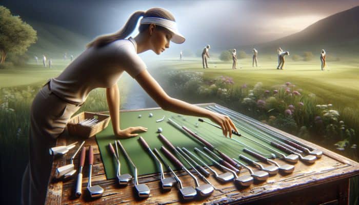 A golfer selecting a putter from a variety on a wooden table in a scenic landscape.