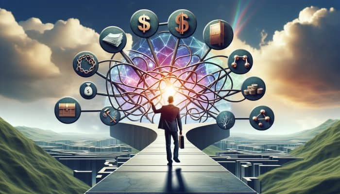 Understanding Key Terms in Debt Consolidation: An In-Depth Guide | DCL A person confidently navigating a clear path through a complex financial landscape with labeled signposts under a bright sky.
