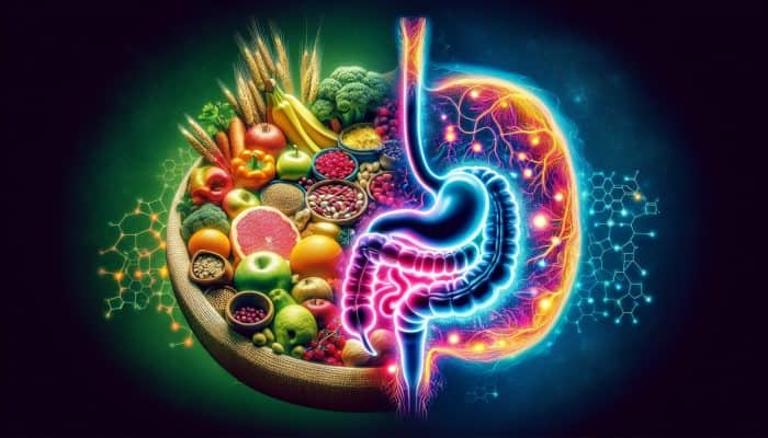 Visual representation of a vegan meal lacking B12-rich foods alongside a stomach diagram illustrating malabsorption and medication impacts on B12.
