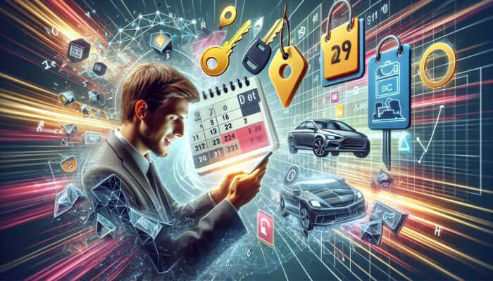 Individual checking email on smartphone with car keys, discount tags, and promotion calendar icons on a vibrant digital background.