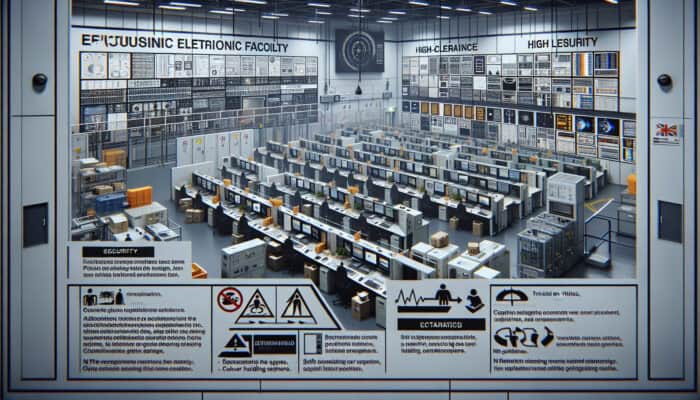 UK electronics facility showcasing clear signage, protocols, and secure handling of sensitive equipment.