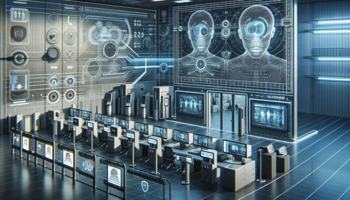 High-security electronics lab equipped with biometric scanners, surveillance cameras, and physical barriers for restricted access.