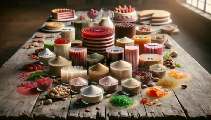 Key ingredients for vegan gelatin: agar agar, carrageenan, and pectin, showcased on a rustic table with plant-based desserts.